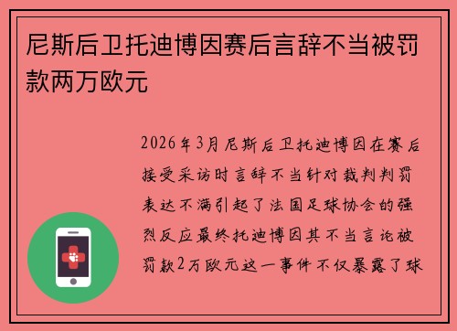 尼斯后卫托迪博因赛后言辞不当被罚款两万欧元 尼斯后卫托迪博因赛后言辞不当被罚款两万欧元