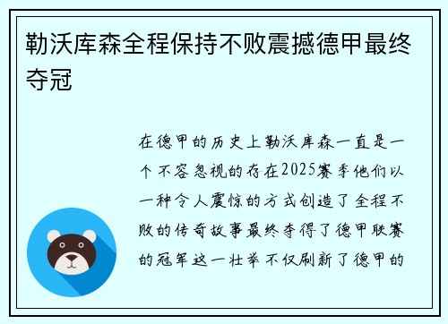 勒沃库森全程保持不败震撼德甲最终夺冠